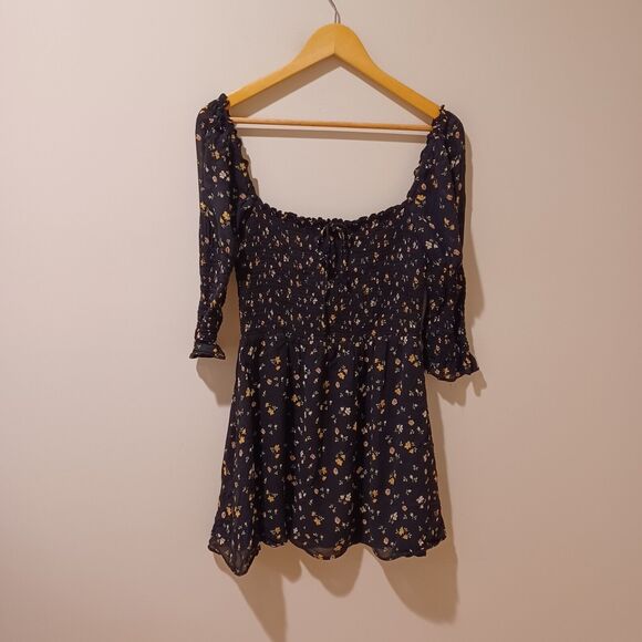 Reformation LouLou Mini Dress XL Ditsy Floral Venezia Black Ruched Square Neck - Picture 4 of 10